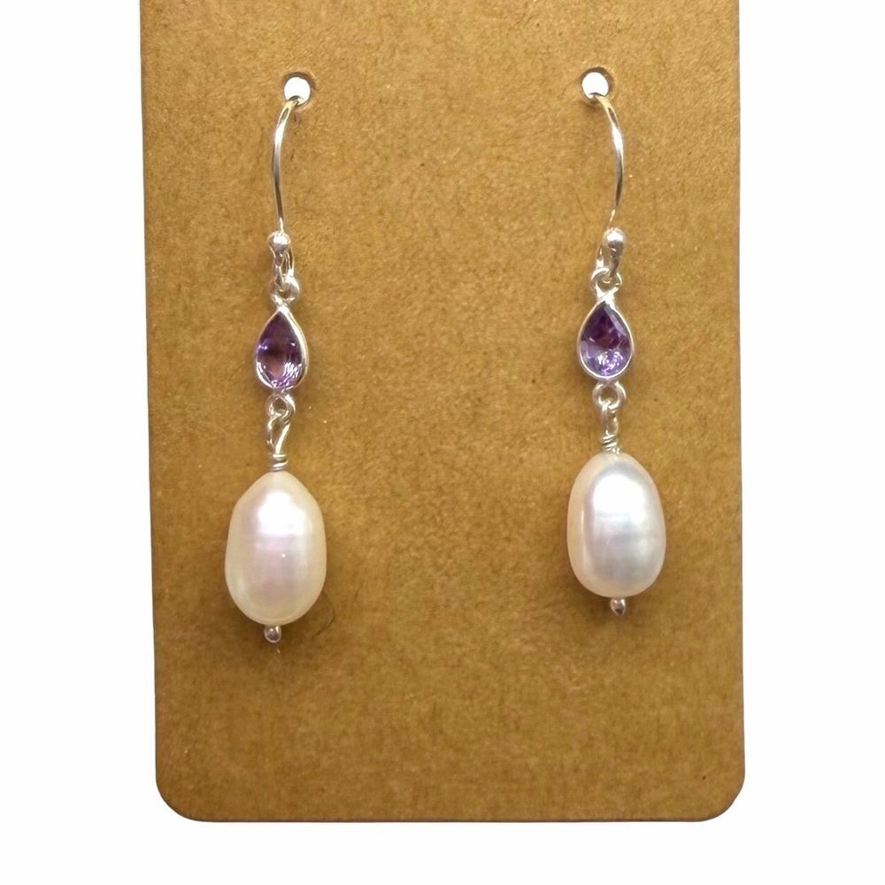 Freshwater Pearl & Amethyst Earrings Solid 925 Sterling Silver